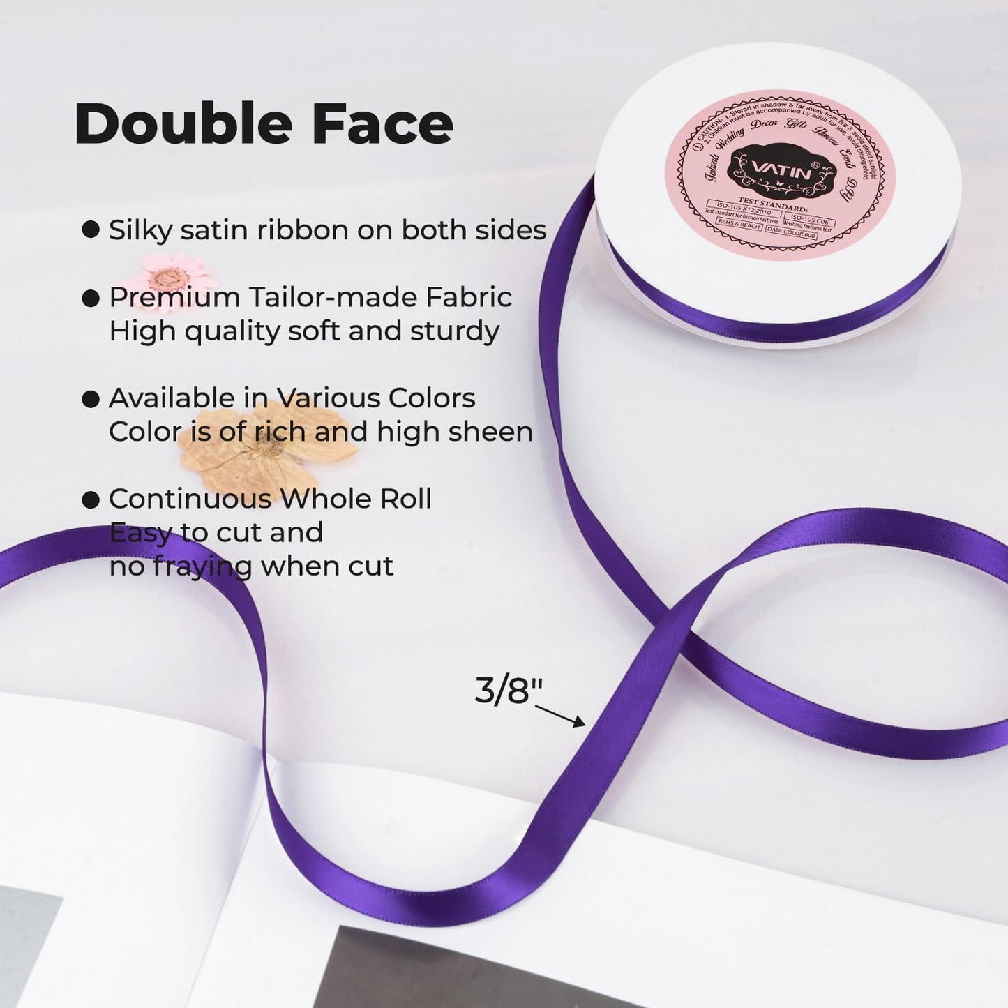 VATIN Double Face Bright Purple Satin Ribbon 3/8" Continuous 50 Yards,Purple Polyester Fabric Ribbon use for Bows Bouquet, Gift Wrapping, Floral Arrangement Wedding Decoration