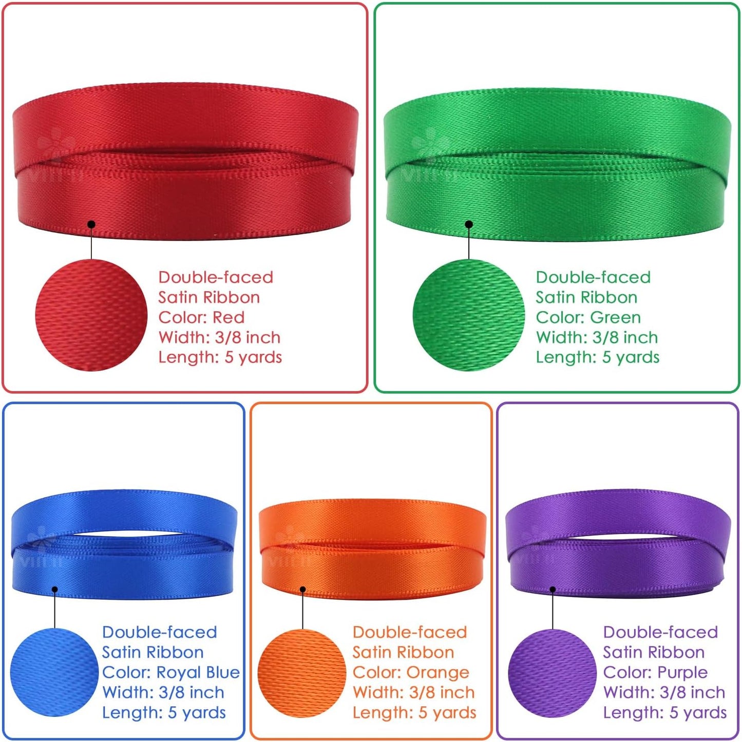 MEEDEE Rainbow Ribbon Solid Color Assortment 10 Colors Double Face Satin Ribbon for Gift Wrapping Happy Birthday Party Decorations, 3/8" X 5 Yard Each Total 50 Yds Per Package