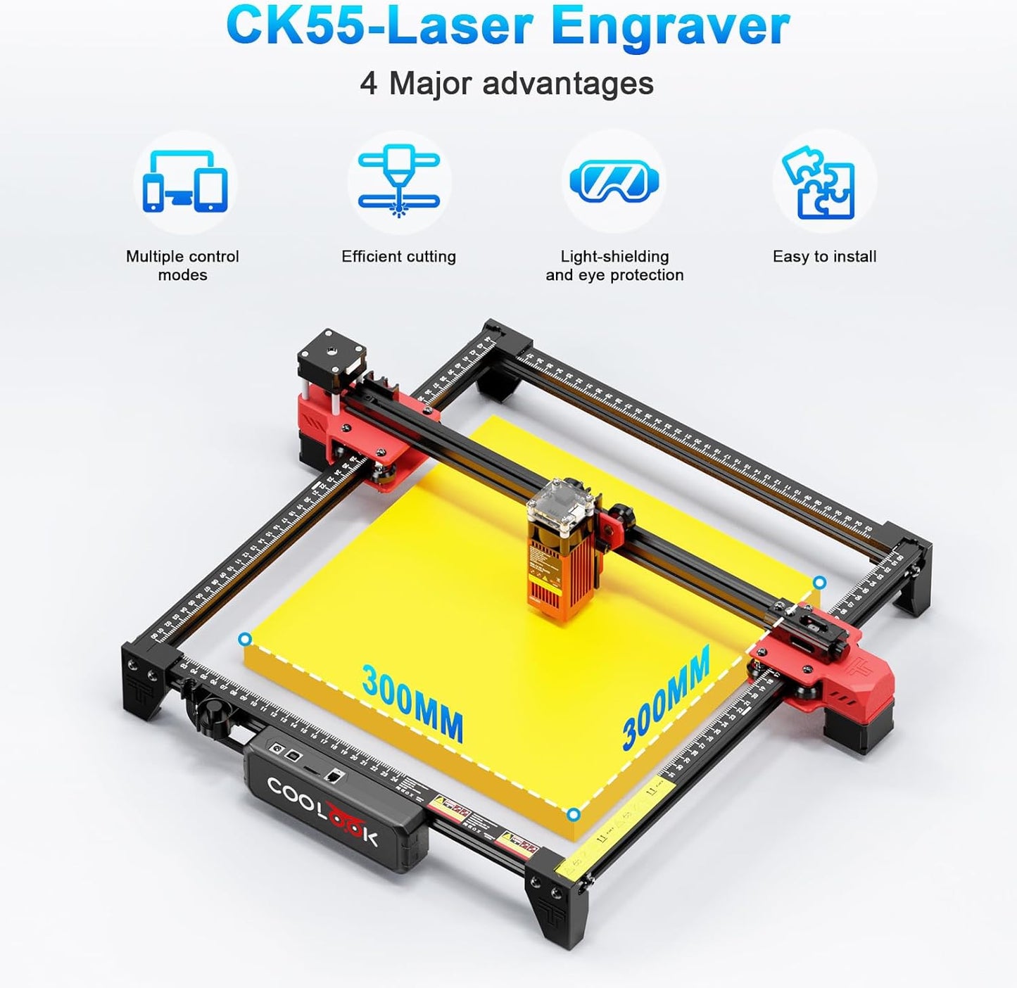Coolook CK1-55 Laser Engraver, 5.5W Laser Engraving Machine, Laser Engraver Machine, Laser Cutter for Wood, Metal, Aluminum, Glass, Leather, 500mm/s Speed, 32-Bit Main Chip, 300x300mm Engraving Area