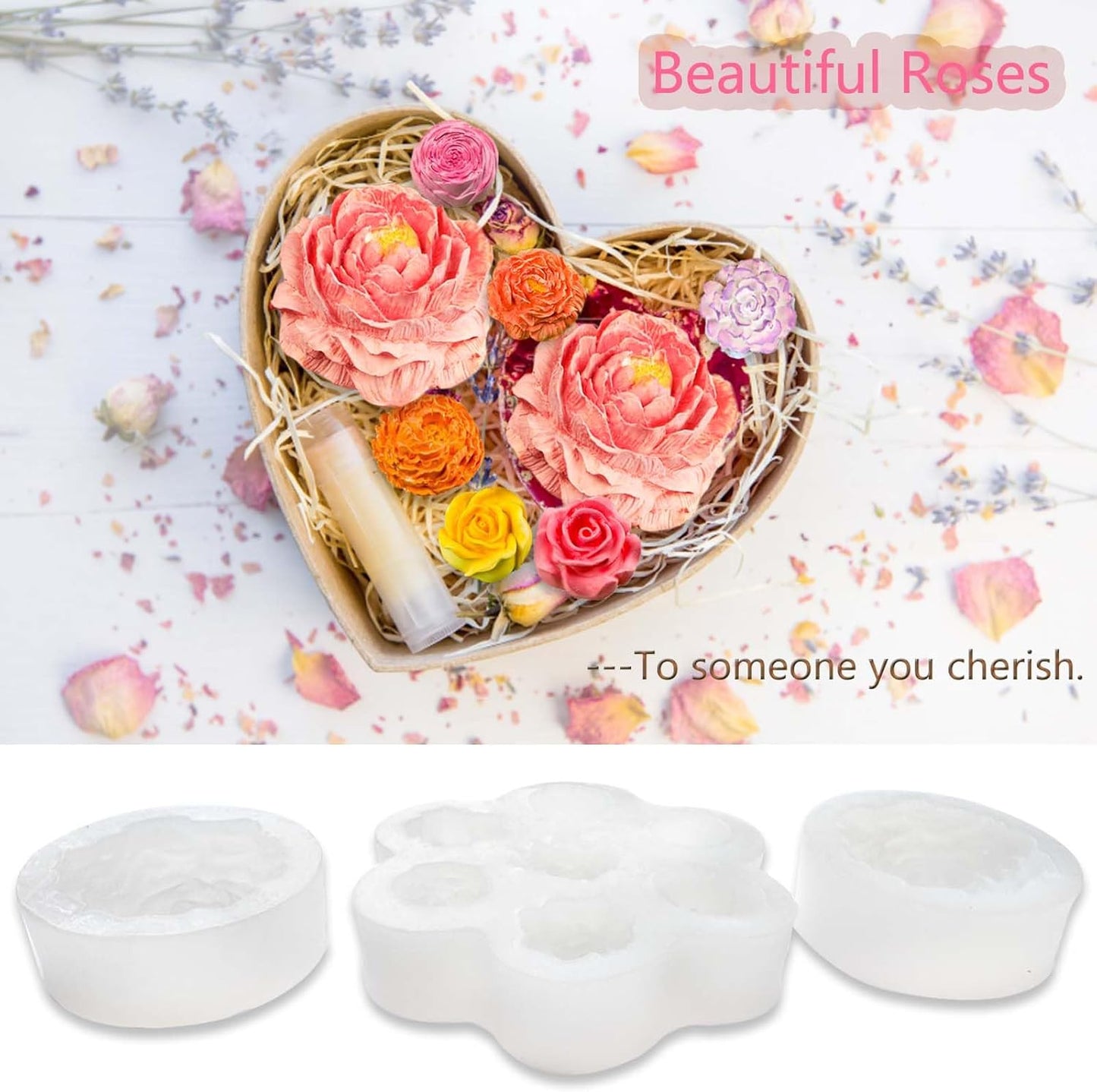 3 PCS Rose Flower Silicone Molds,Flower Candle Molds for Candle Making,Rose Peony Fondant Mold for Jelly Chocolate Cake Decorating, Epoxy Resin Wax Soap Clay Plaster Home Décor Handmade