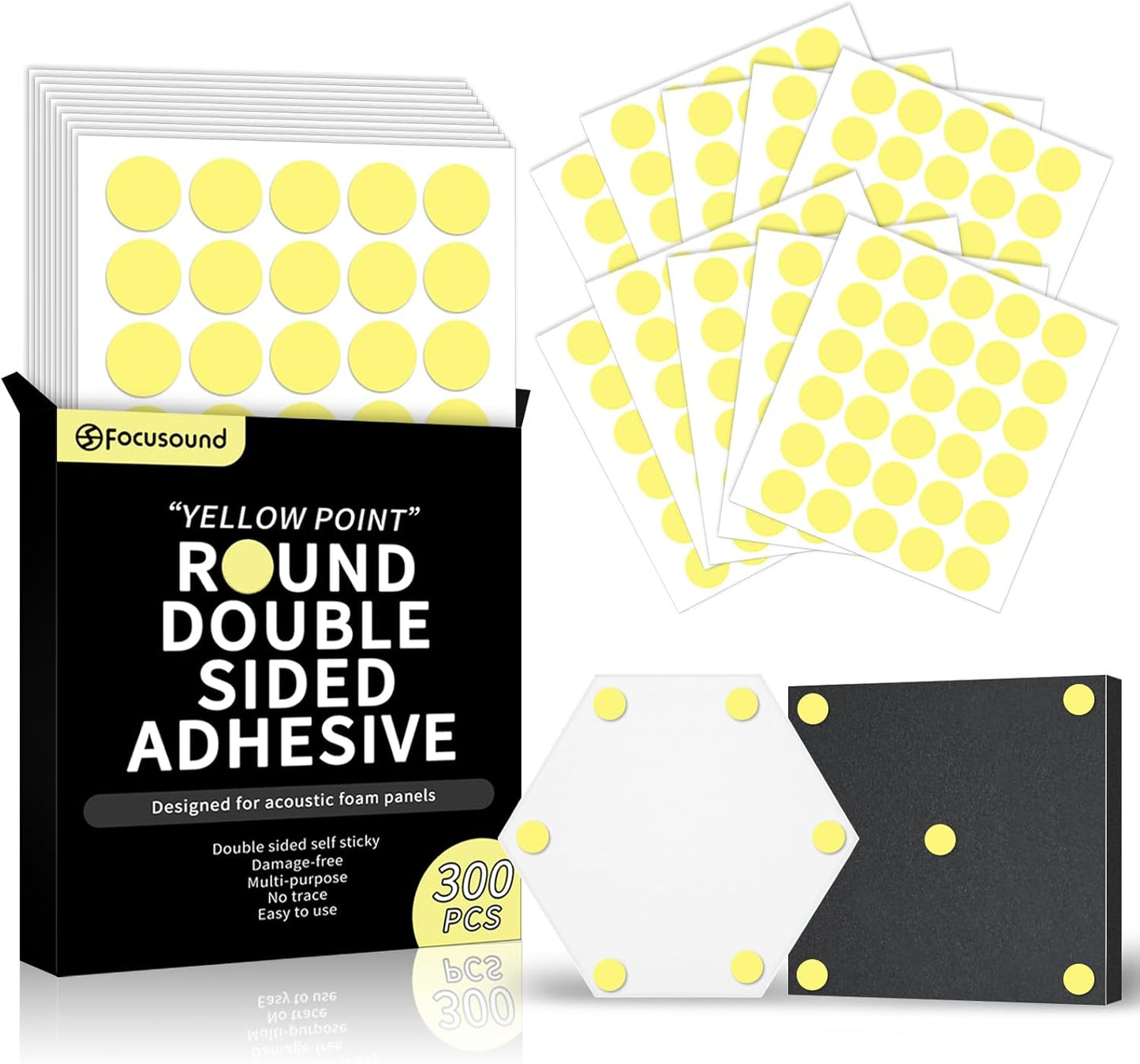 Focusound 300 Pack Double-Sided Sticky Adhesive Dots for Acoustic Foam Panels, Circle Clear Removable Glue Dots for Wall Hanging