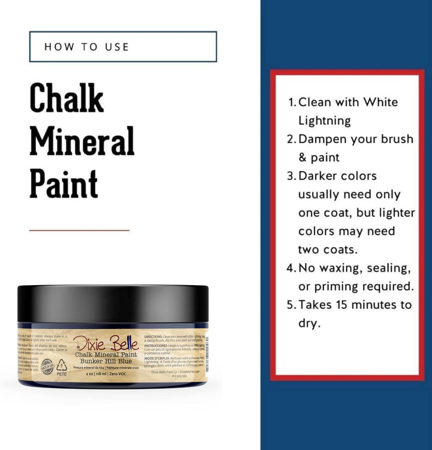 Dixie Belle Paint Company Chalk Finish Furniture Paint - Bunker Hill (4oz) - Matte Indigo Blue Chic Chalk Mineral DIY Furniture Paint