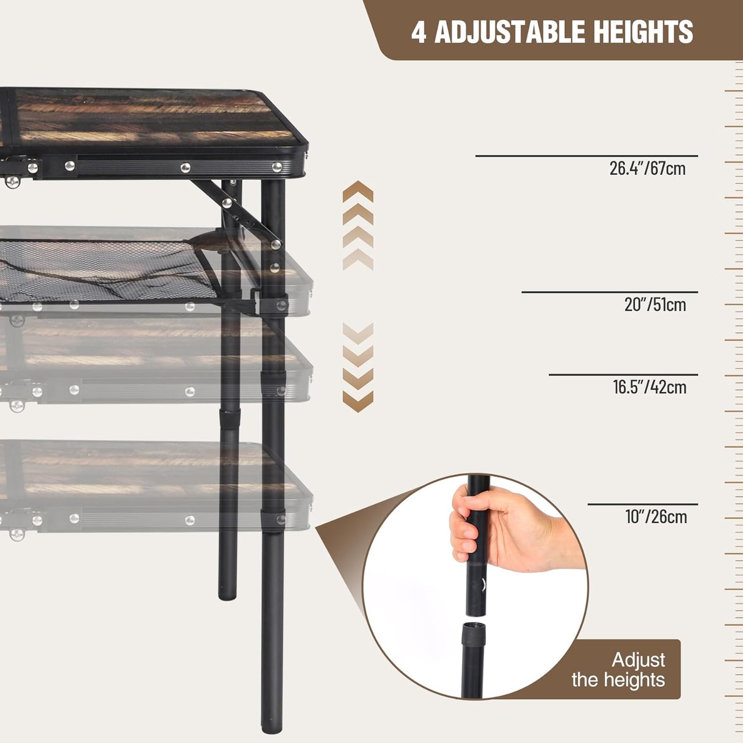 RedSwing Small Folding Table with Side Pocket Adjustable Height, Lightweight and Portable Aluminum Frame Camping Table for Outdoor Indoor Picnic, 2 Feet, Brown Wide Wood Grain