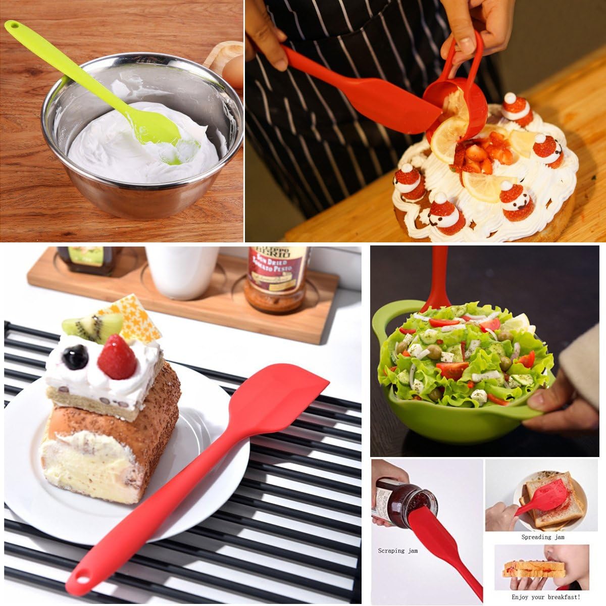 Silicone Spatulas Set, Rubber Spoon Spatula Heat Resistant Spoonula One Piece Design Seamless Spatula Non-Stick Scrapers Baking Mixing Tool (Red Set)