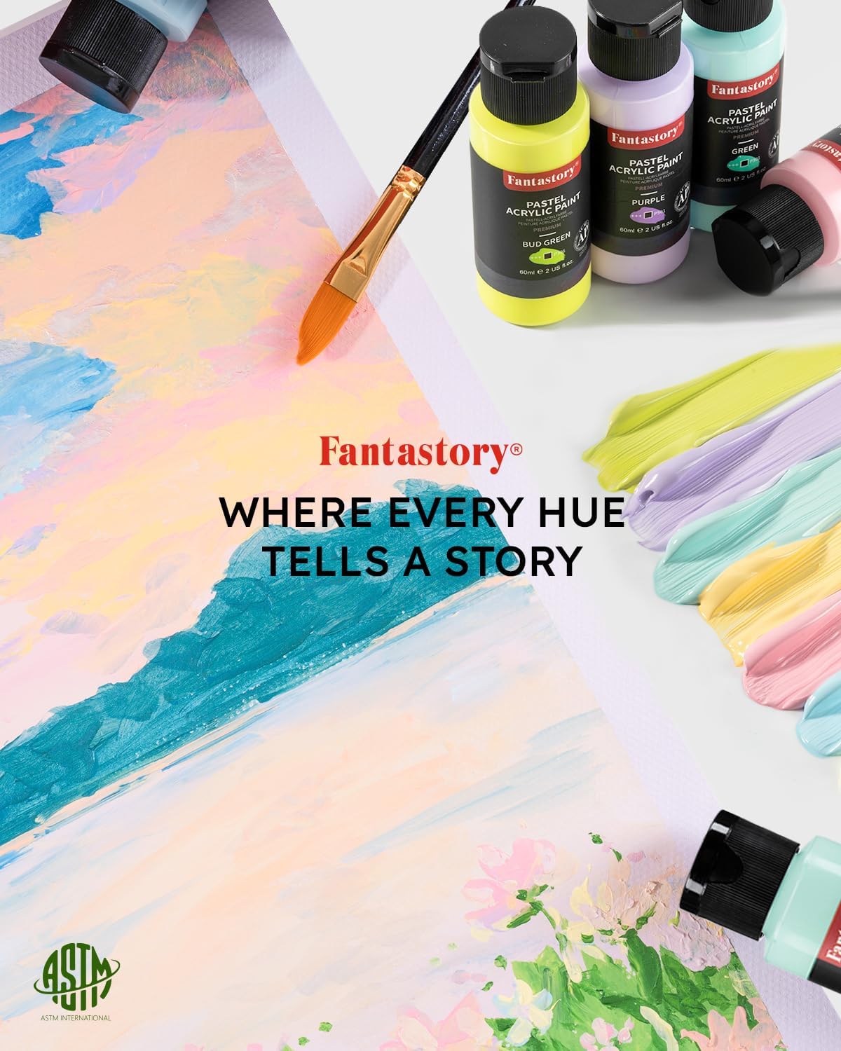Fantastory Pastel Acrylic Paint Set+12 Brushes, 24 x 2oz Pastel Colors Art Craft Paint for Artists, Halloween Decorations, Canvas Ceramic Wood Rock Painting Supplies Kit [Professional Series]