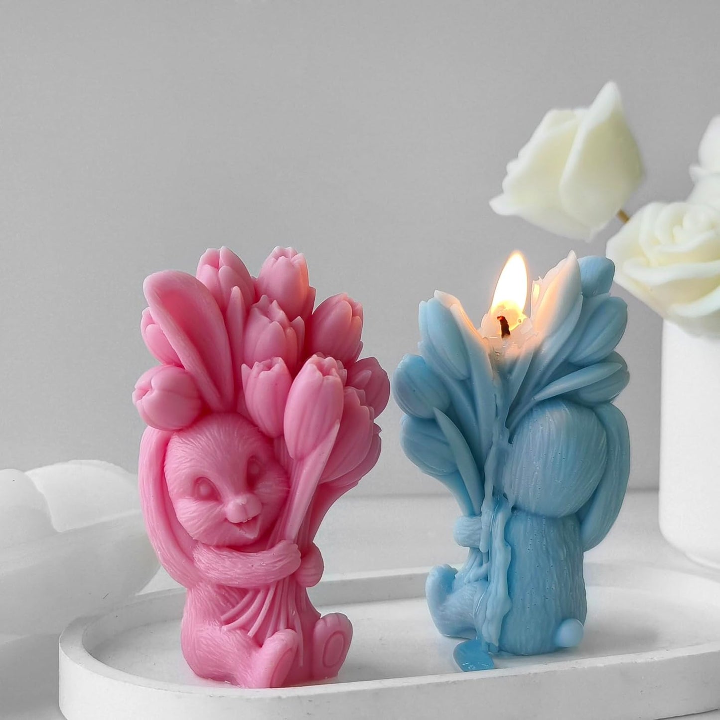 Rabbit Tulip Animal Soap Mold - Flower Peony Resin Casting Silicone Mold for Candle Home Decor - 3D Animal Soap Making