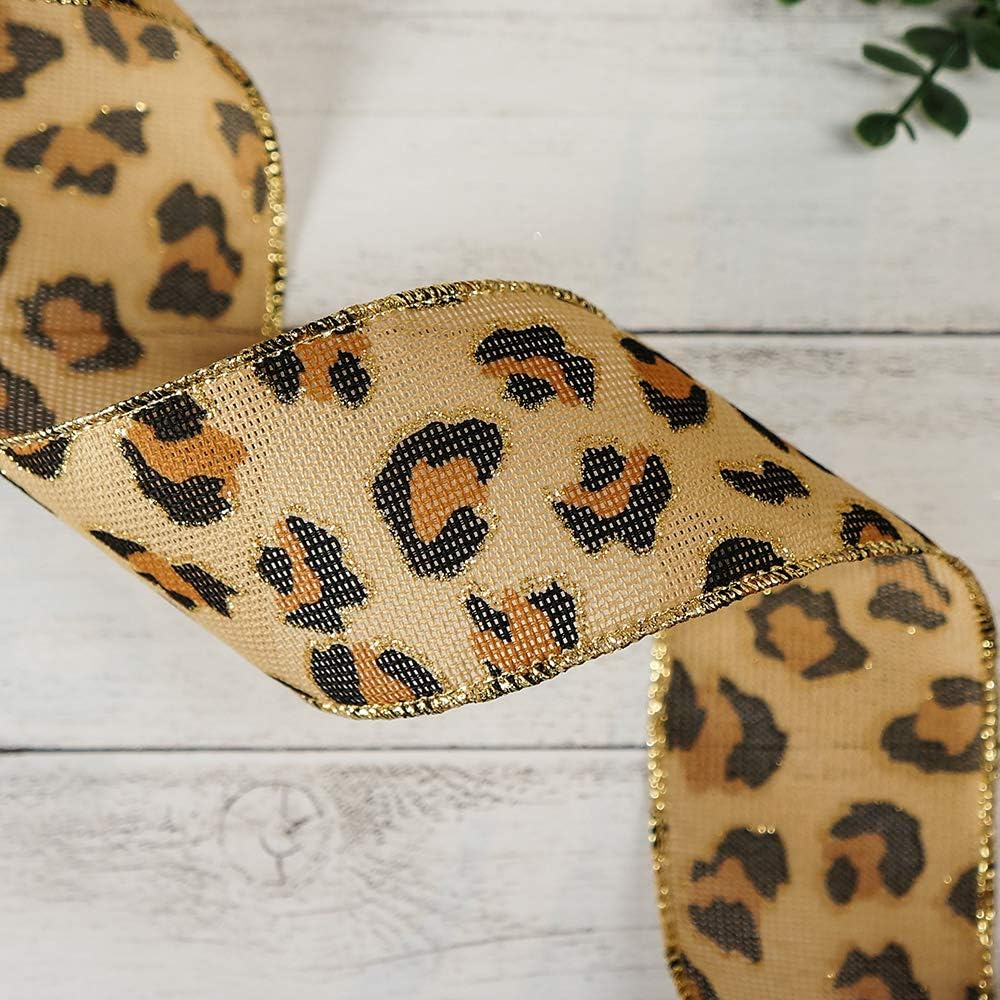 CT CRAFT LLC Burlap Leopard Fabric Wired Ribbon 2.5" x 10 Yards Natural with Black and Bronze Color for Christmas Home Wedding Decor Gift Wrapping Tree Topper Bow Wreath Bouquet DIY Crafts