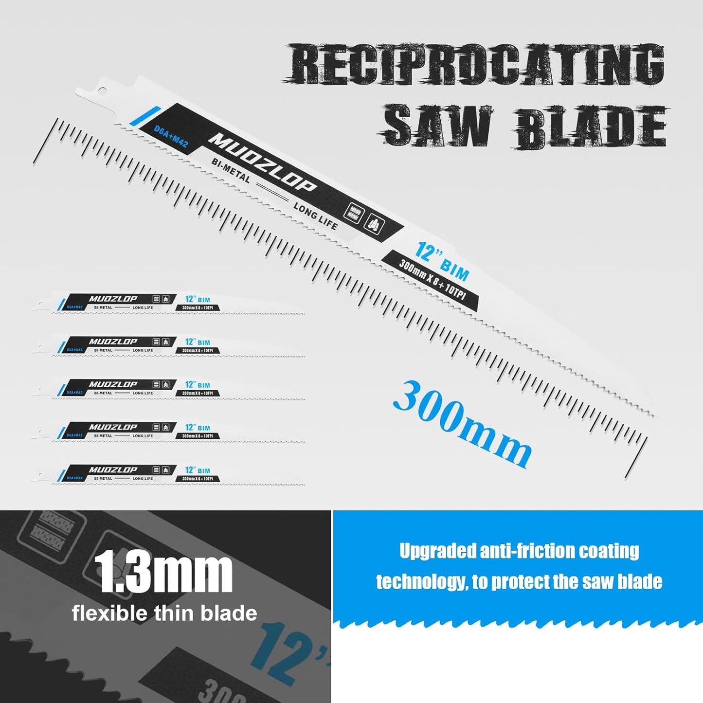 5 Pack 12 inch Reciprocating Saw Blades Set,8+10 TPI High Carbon Saw Blades,Metal Saw Blades with Organizer Case (5, 8+10TPI/300mm)