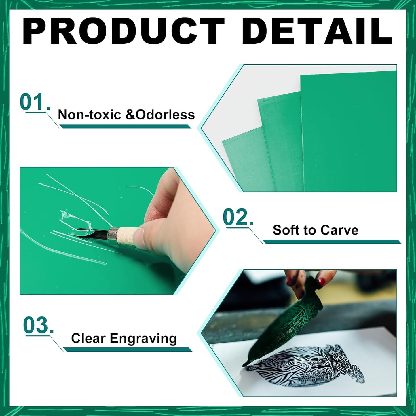 Yeaqee 8 Pcs 8 x 10 Inch Linoleum Block Rubber Carving Block Soft Linocut Blocks Large Linoleum Sheet Unmounted Lino Plates for Engraving Art Project Printmaking Artist Studio Supplies, Green