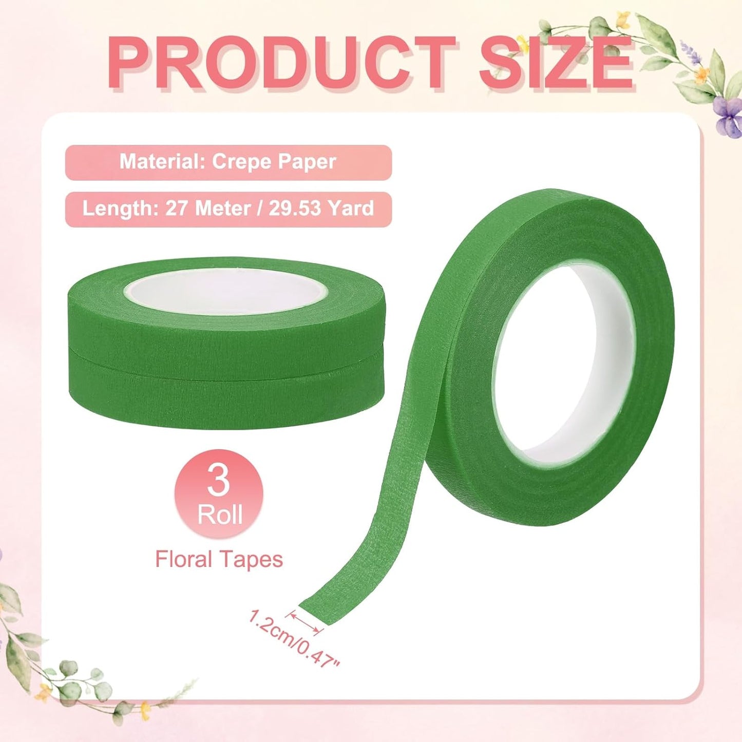 MECCANIXITY 3 Rolls Floral Tapes, 30 Yard x 1/16 in Florist Crepe Flowers Bouquets Tape Adhesive Waterproof for Flower Arranging Wrapping, Light Green