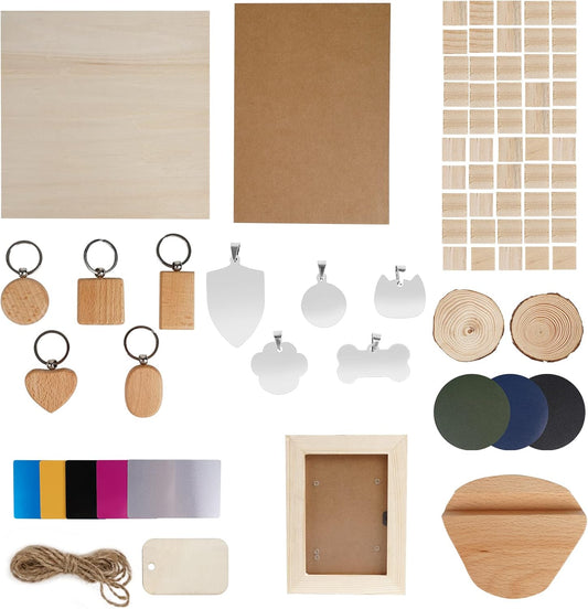 OUYZGIA Laser Engraving Material Box kit, 124 Pcs of DIY Materials for Laser Engraver with Metal Business Cards Wooden Cubes Plywood Dog Tags Photo Frames Keychains Hang Tags Leather Coasters