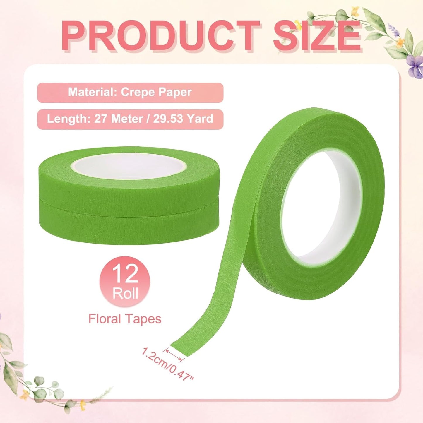 MECCANIXITY 12 Rolls Floral Tapes, 30 Yard x 1/16 in Florist Crepe Flowers Bouquets Tape Adhesive Waterproof for Flower Arranging Wrapping, Fruit Green