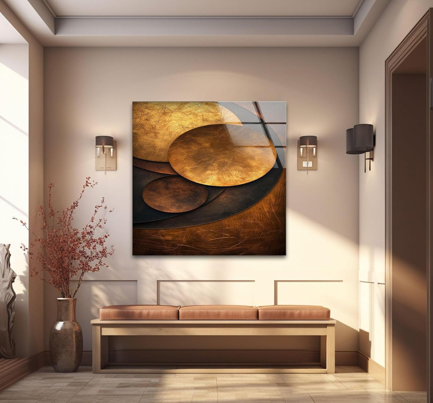 My Photostation.com Round 31,5'' Bronze Art Deco Geometric Motifs Glass Wall Art Tempered Glass Printing Wall Decor Large Wall Art Wall Hangings