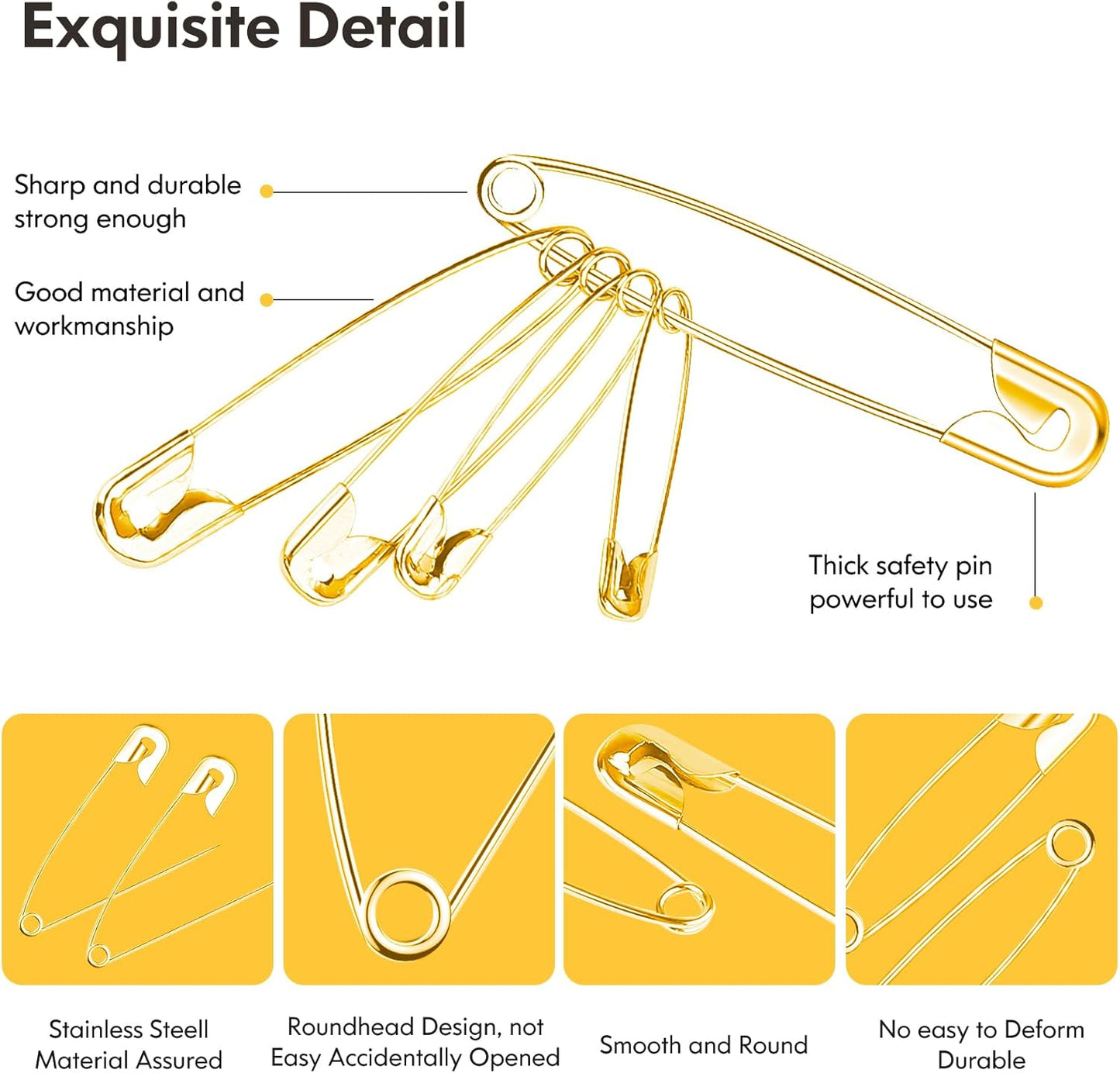 Safety Pins Assorted, 340 Pack 5 Different Sizes Small and Large Safety Pin for Clothes Costume Sewing, Nickel Plated Steel, Arts and Crafts Supplies, Gold