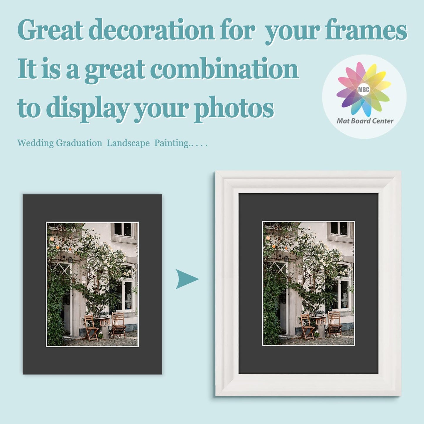 MBC MAT BOARD CENTER, 10 Pack 8.5X11 for 6X8 Black Picture Mats Frame Mattes, Bevel Cut, Acid Free, 4-Ply Thickness