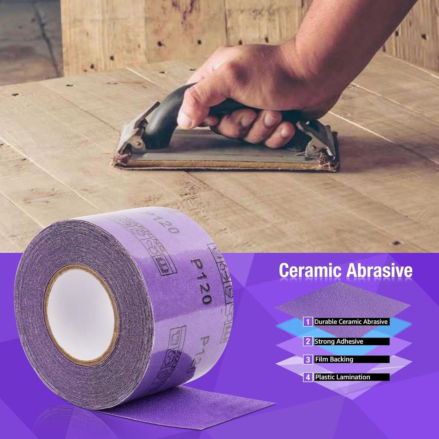 60 Grit PSA Purple Film Ceramic Sandpaper Roll, 2-3/4" Wide Continuous 10 Yard Longboard Sanding Roll Wet Dry Sanding Blocks Self Adhesive Sticky Back Sanding Sheets for Woodworking Automotive
