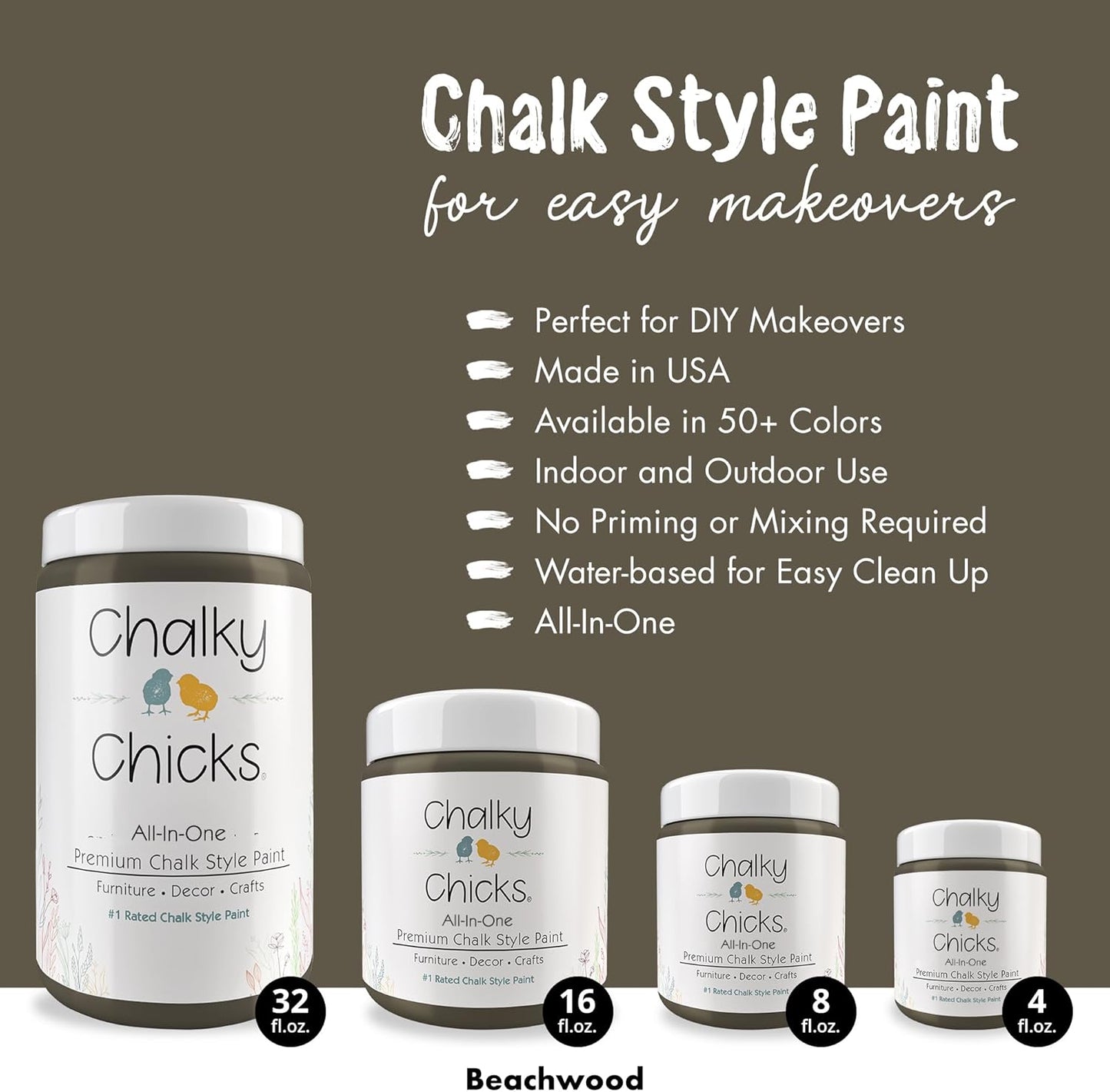 Chalky Chicks All-in-One Chalk Paint for Furniture or Cabinet - 8 Fl Oz - Matte Finish Beachwood (Brown/Gray) for Metal, Wood Furniture Paint - No Sanding All-in-One for Home Decor & Crafts, USA Made