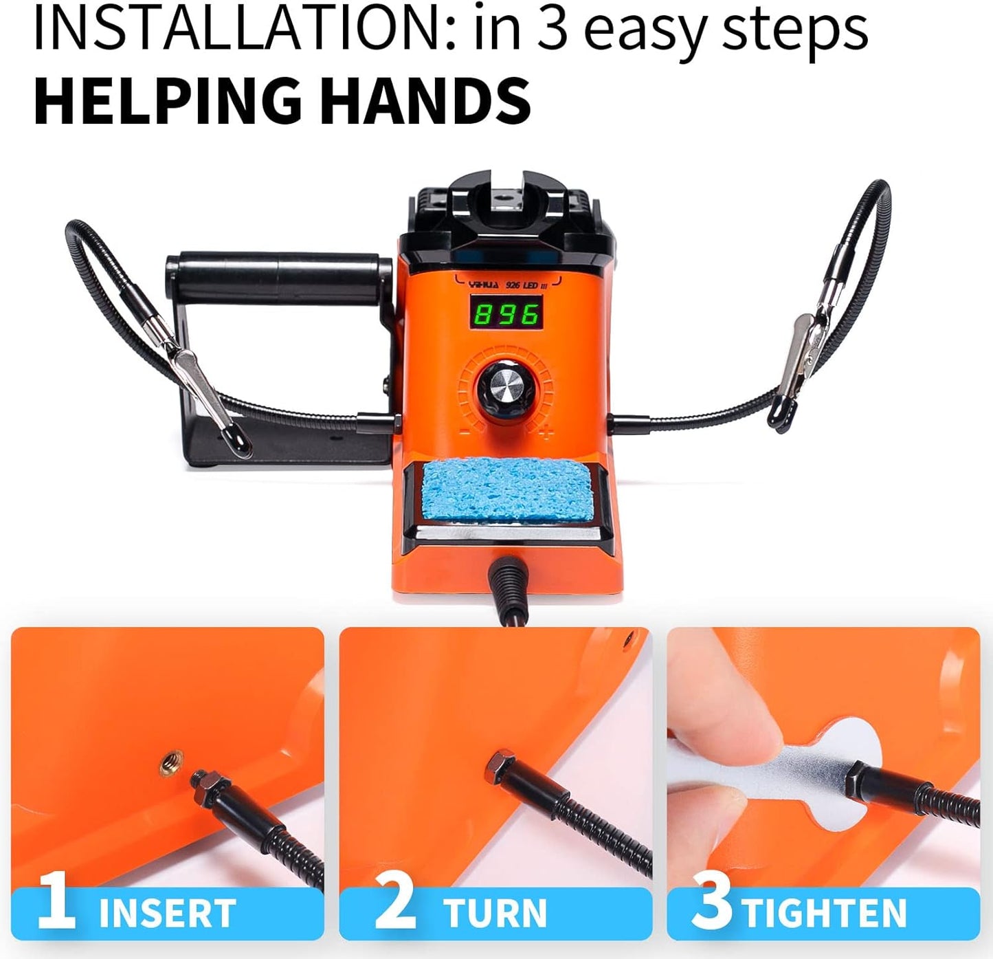 YIHUA 926 III 60W LED Display Soldering Iron Station Kit w 2 Helping Hands, 6 Extra Iron Tips, Roll of Lead-Free Solder, Solder Sucker, S/S Tweezers, °C/ºF Conversion, Auto Sleep & Calibration Support