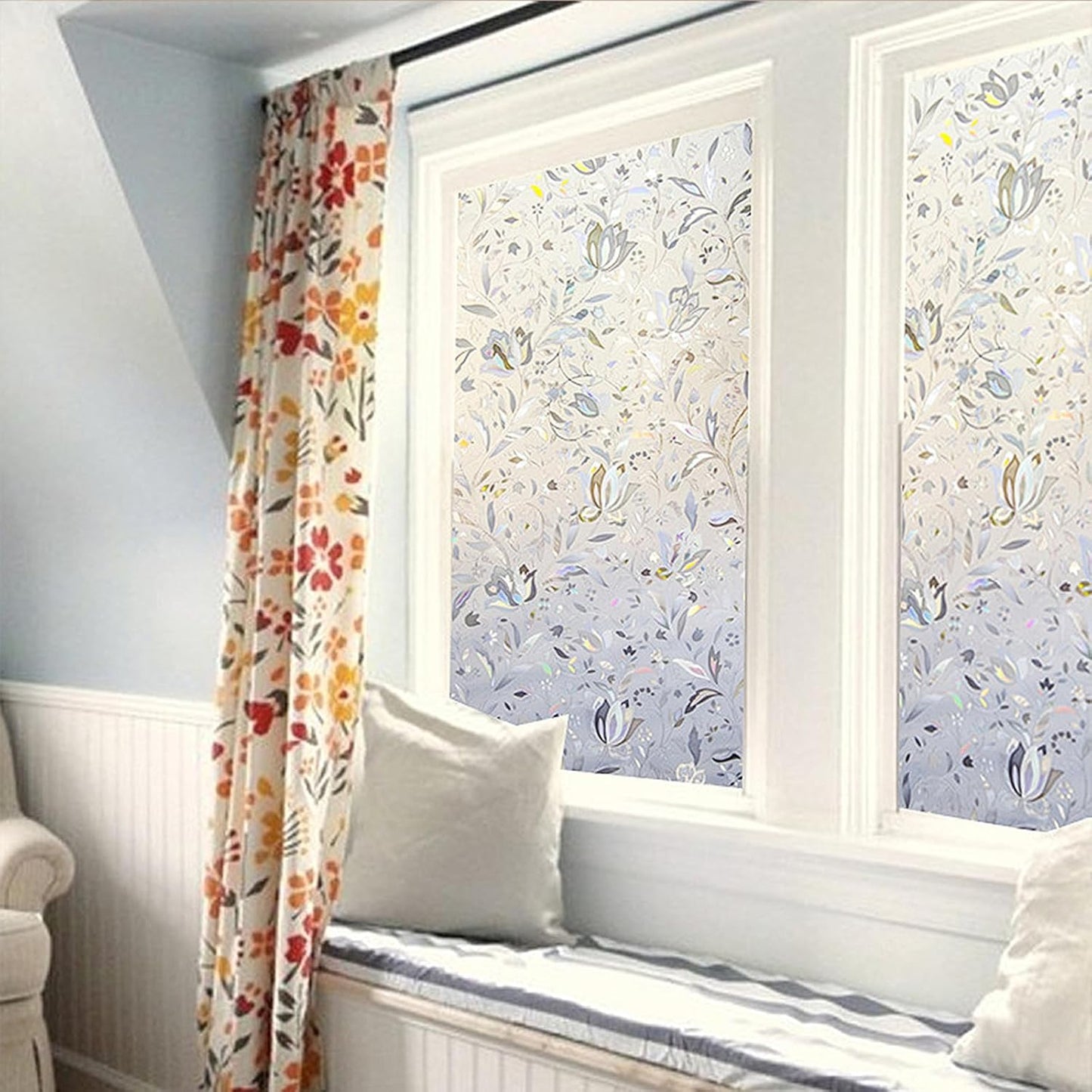 LEMON CLOUD Window Film, Decorative Window Privacy Film, 3D Stained Glass Window Sticker,Anti-UV Sun Blocker Heat Control for Home(Rainbow Tulip Design,45.2 x 78.7 inches)