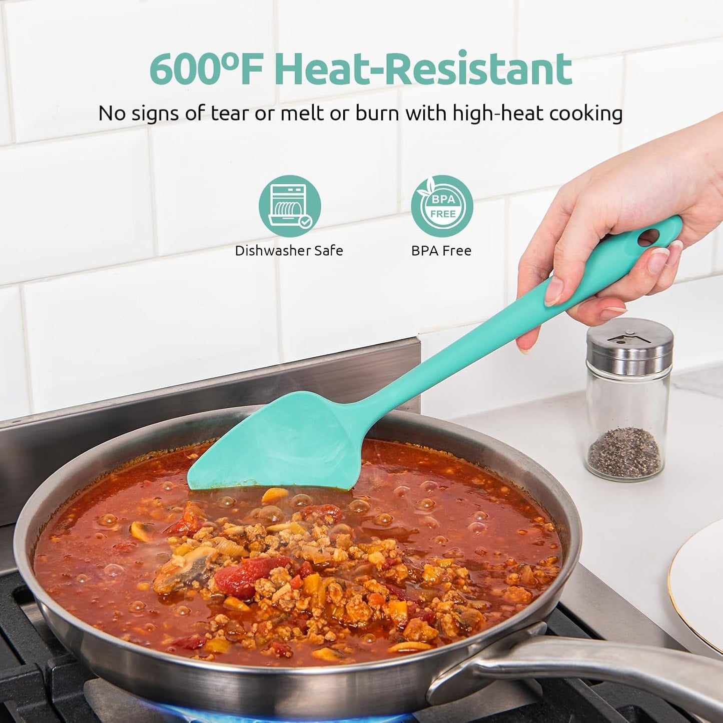 U-Taste Silicone Spatula Set, 600ºF High Heat Resistant, Seamless Food Grade Flexible Rubber Kitchen Cooking Mixing Baking Scraper for Nonstick Cookware Set of 3 (Aqua Sky)