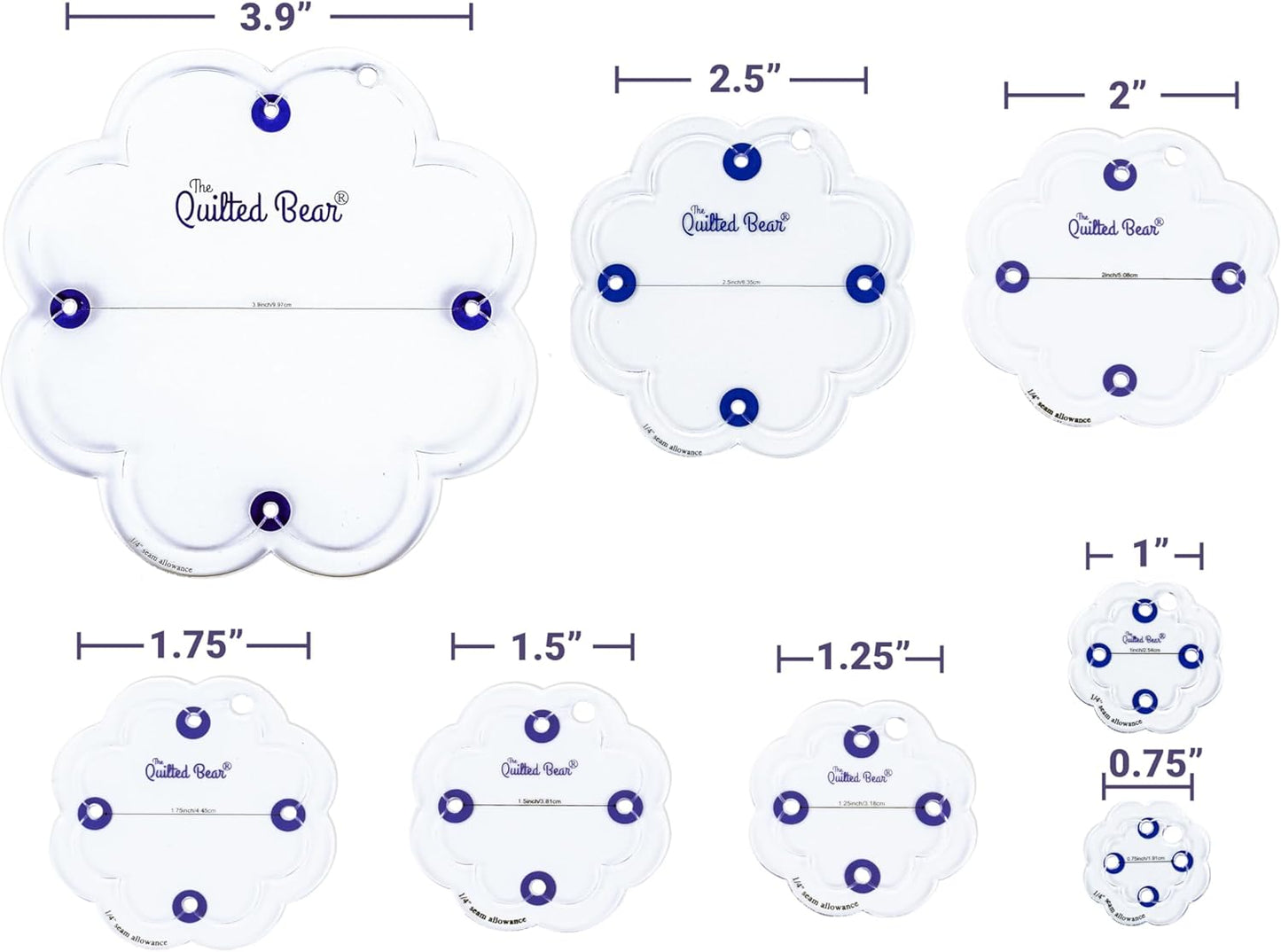 The Quilted Bear Flower Quilting Templates – 8 Clear Non-Slip Acrylic Quilt Templates for Precise Fabric Cutting & Stress-Free Machine Quilting - Ideal for Quilt & Sewing Supplies (¾–3")