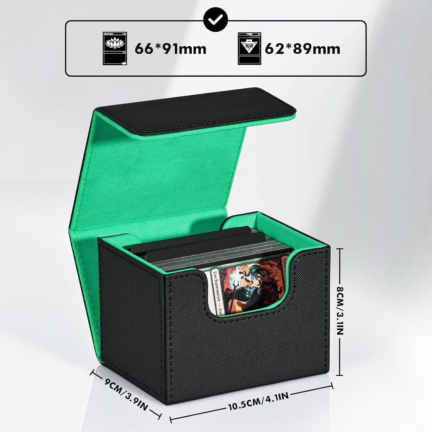 ZLCA Card Deck Box for Trading Cards, MTG Commander Deck Box Holds 120+ Single Sleeved, Leather Magnetic Card Storage Case Fits for TCG CCG Magic(Black& Dark Green)