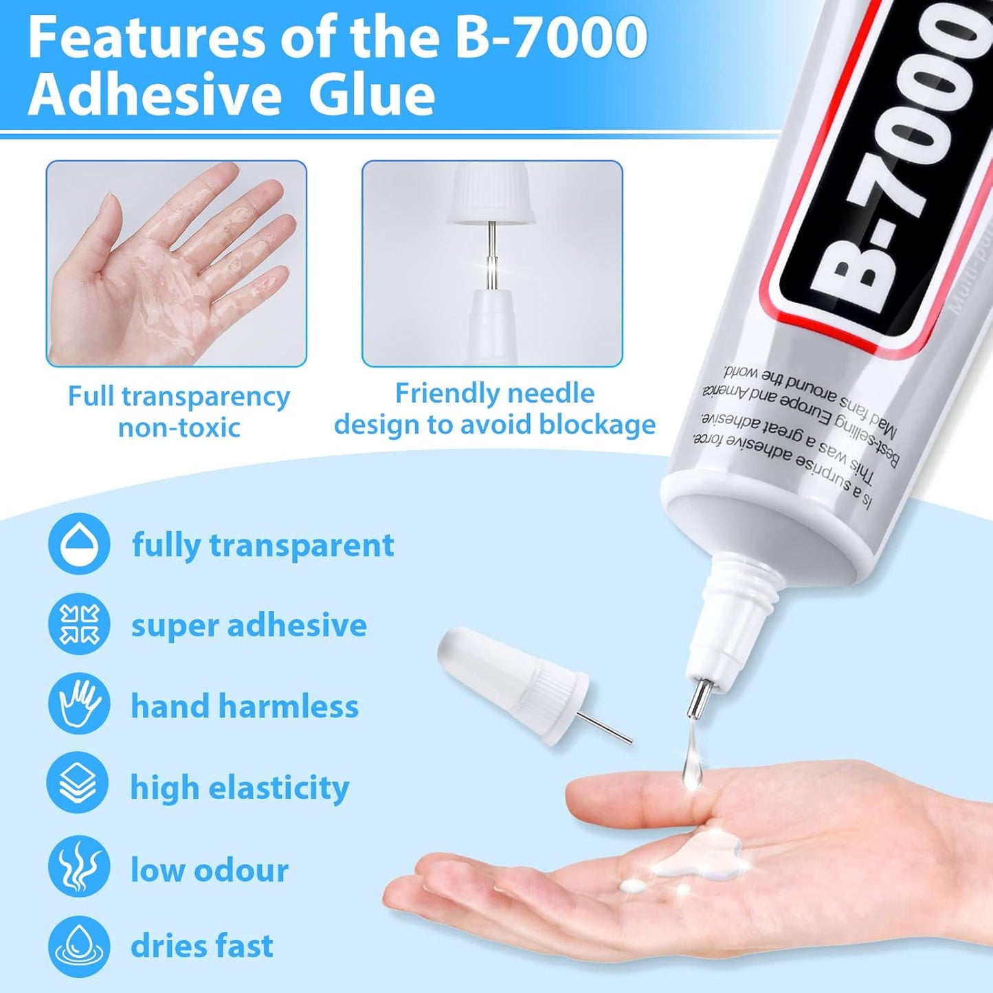 B-7000 Super Adhesive Glue, Industrial Strength B7000 Glues Paste for Rhinestones Crafts, Clothes Shoes, Fabric, Jewelry Making, Cell Phones, Tablet, Wood, Rubber, Leather (2x50 ml/1.68 oz)
