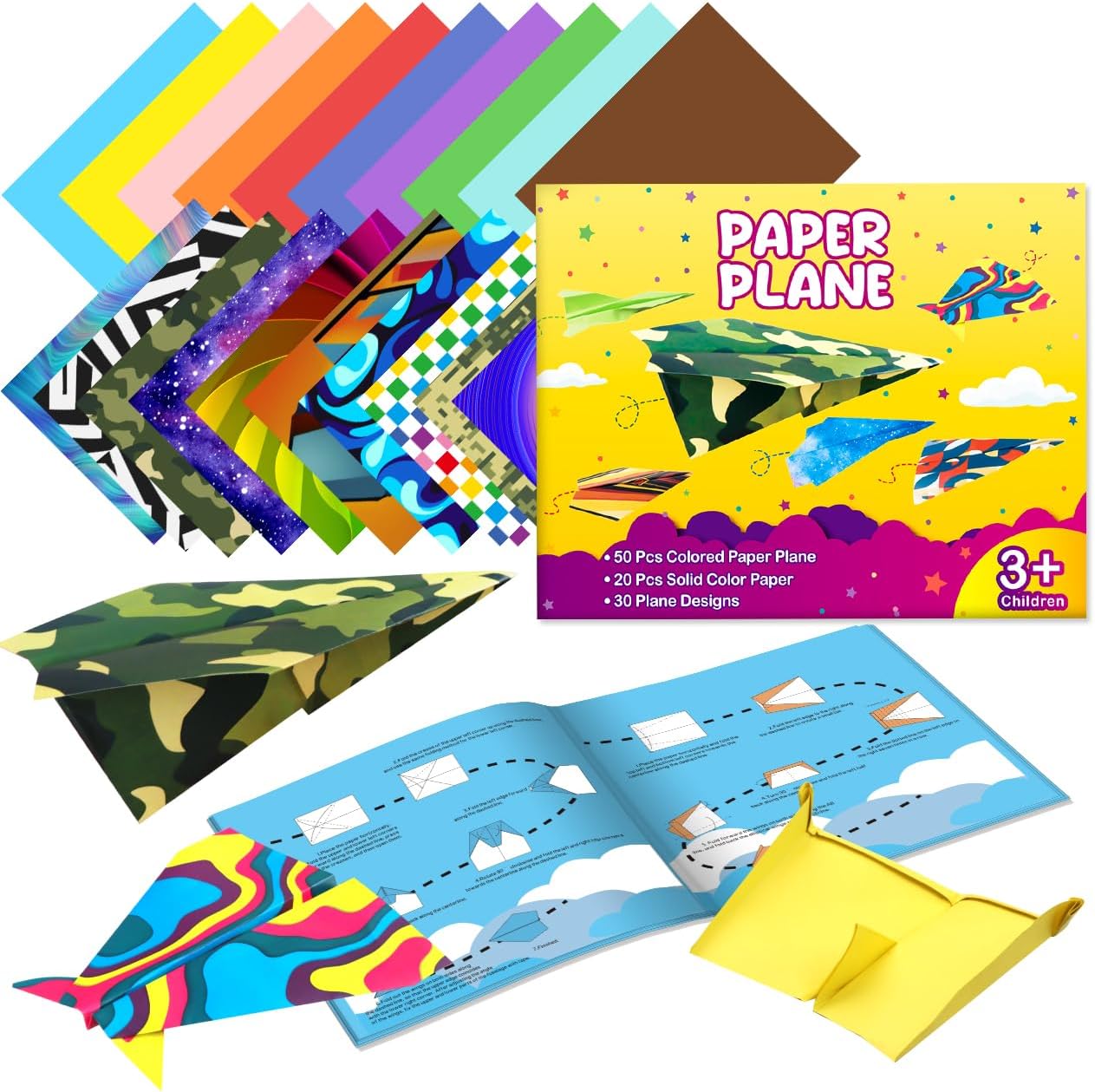 Pigipigi Kids Craft Origami Paper Kit for Kids Ages 5-8 8-12, with Guiding Book, 70 Sheets DIY Art and Crafts Supplies, Colorful Folding Papers Set Projects Gifts Activity for Boy Girl Toys(Plane)