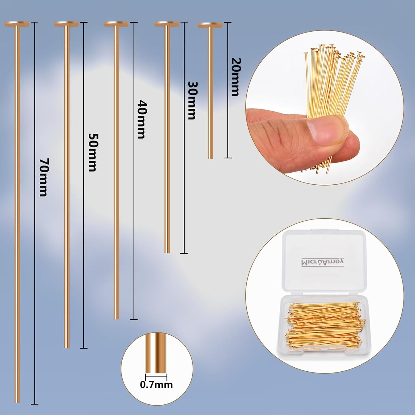 260pcs 18K Gold Filled Flat Head Pins Non Tarnish Craft Earring Bracelet Jewelry Making Accessories Supplies (20mm (0.78in, Gold-Flat Head Pin)