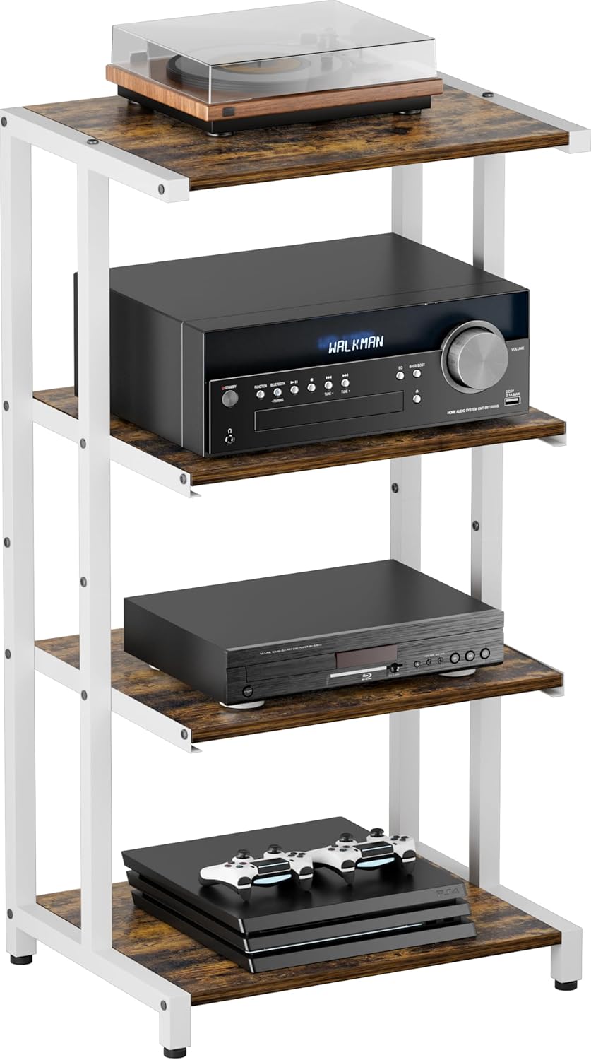 4-Tier Wooden Media Stand, AV Media Stand Corner Shelf for TV Accessories/Audiovisual Equipment/Optical Disc/PS4, Audio Storage Rack for Living Room, Gaming Room, Music Studio, White