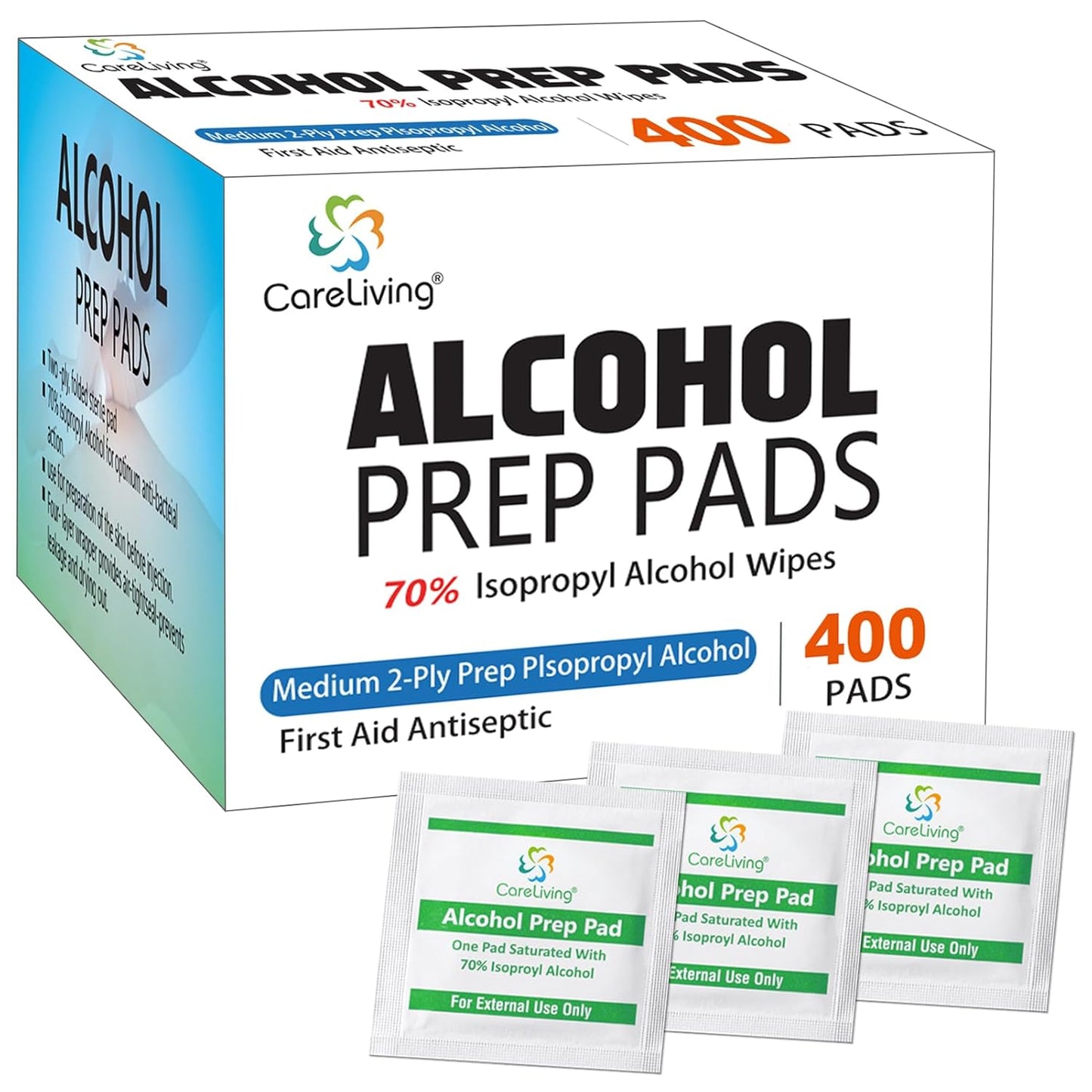 Alcohol Prep Pads with 70% Isopropyl Alcohol, 400 Pack, Medical-Grade, Individually-Wrapped, Isopropyl Cotton Swabs, Disposable, 2 ply