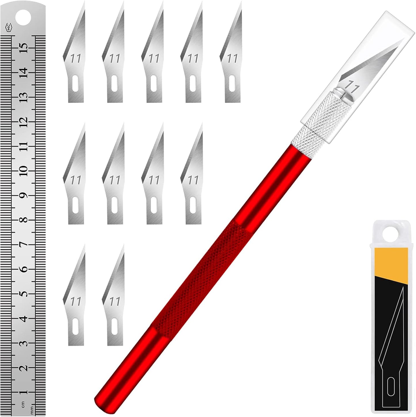 DIYSELF 1 Pcs Craft Knife Hobby Knife with 11 Pcs Stainless Steel Blades Kit, 1pcs Steel 15MM Ruler for Art, Scrapbooking, Stencil(Red)