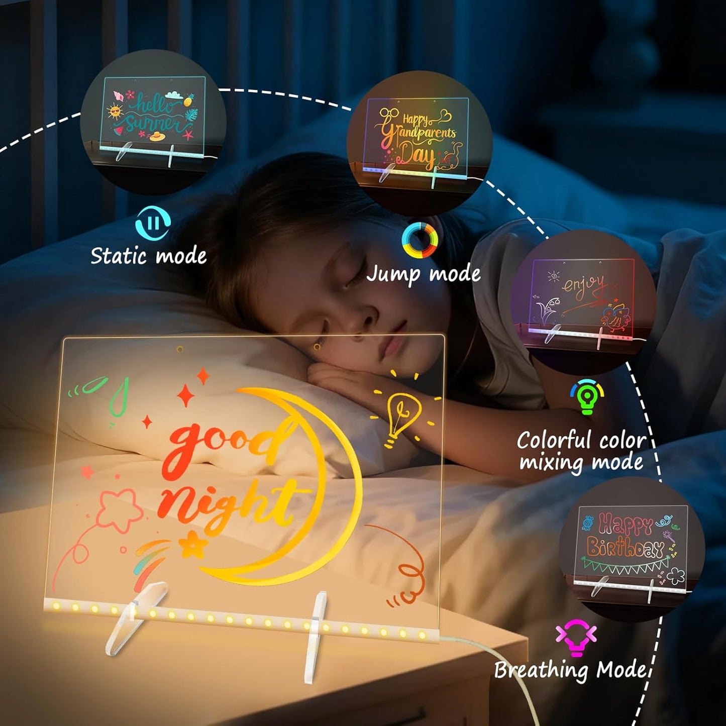 Led Note Board with 7 Colors, 13.8“X10” Lumiboard Led Drawing Board for Kids, 4 Modes Acrylic Dry Erase Board with Light, Glow Rewritable Message Board with Stand, Include 7 Markers, Hanging Chain