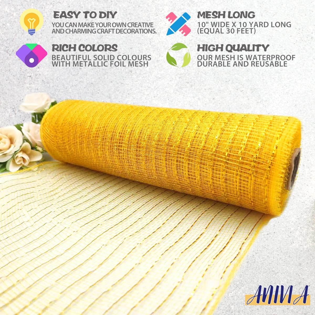 Anivia Deco Mesh Ribbon, 10inch x 30 Feet Each Roll Metallic Foil Mesh Ribbon for Wreaths Swags, Holloween, and Christmas Tree Decoration (Gold/Gold Foil)