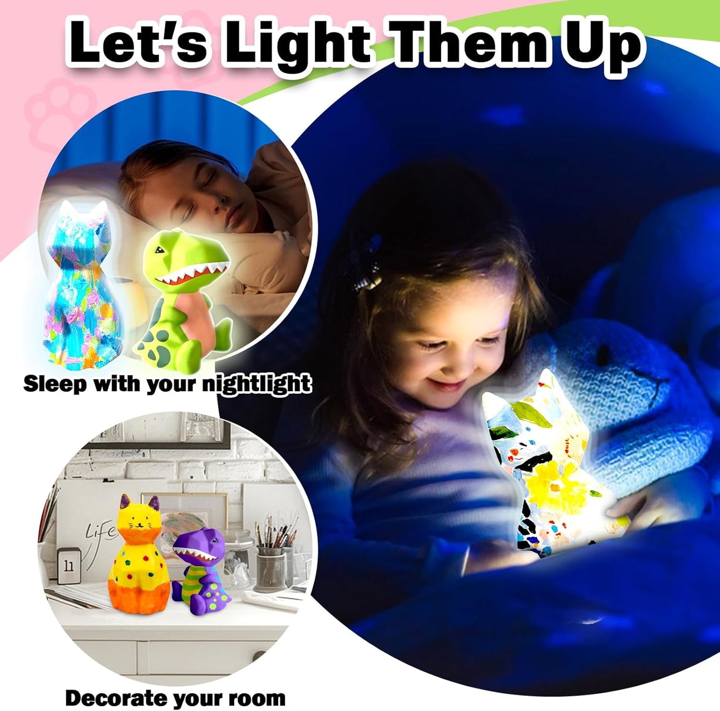 FUNZBO 2Pcs Paint Your Own Dinosaur & Cat Lamp - Halloweens Arts and Crafts Supplies Painting Kits for Kids Teen, DIY Night Light Toy for Toddler Girl Boy Age 3 4 5 6 7 8 9 10 11 12 13 + Birthday Gift