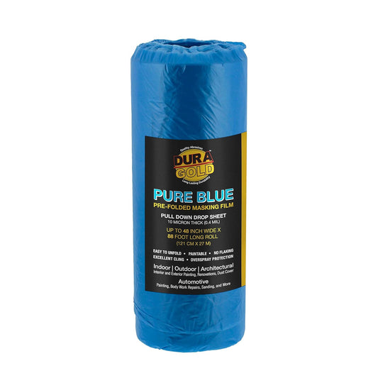 Dura-Gold 48" x 88' Pure Blue Pre-Folded Masking Film - Painters Plastic Roll (0.4 Mil) Pull Down Drop Sheet, Pre-Folded Plastic Sheeting for Painting Protection on Auto, Walls, Furniture