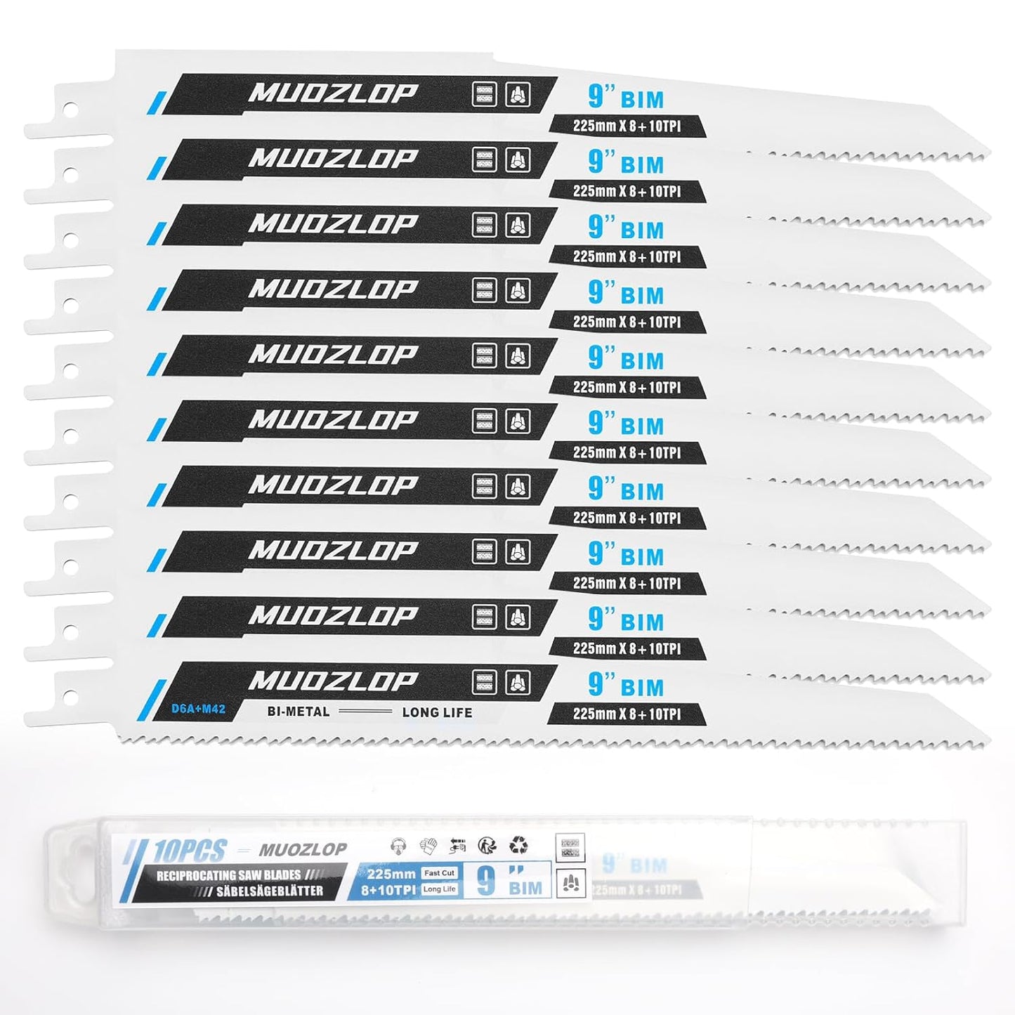 MUOZLOP10Pack 9inch Reciprocating Saw Blades Set,8+10TPI High Carbon Saw Blades,Metal Saw Blades with Organizer Case (10, 8+10TPI/225mm)