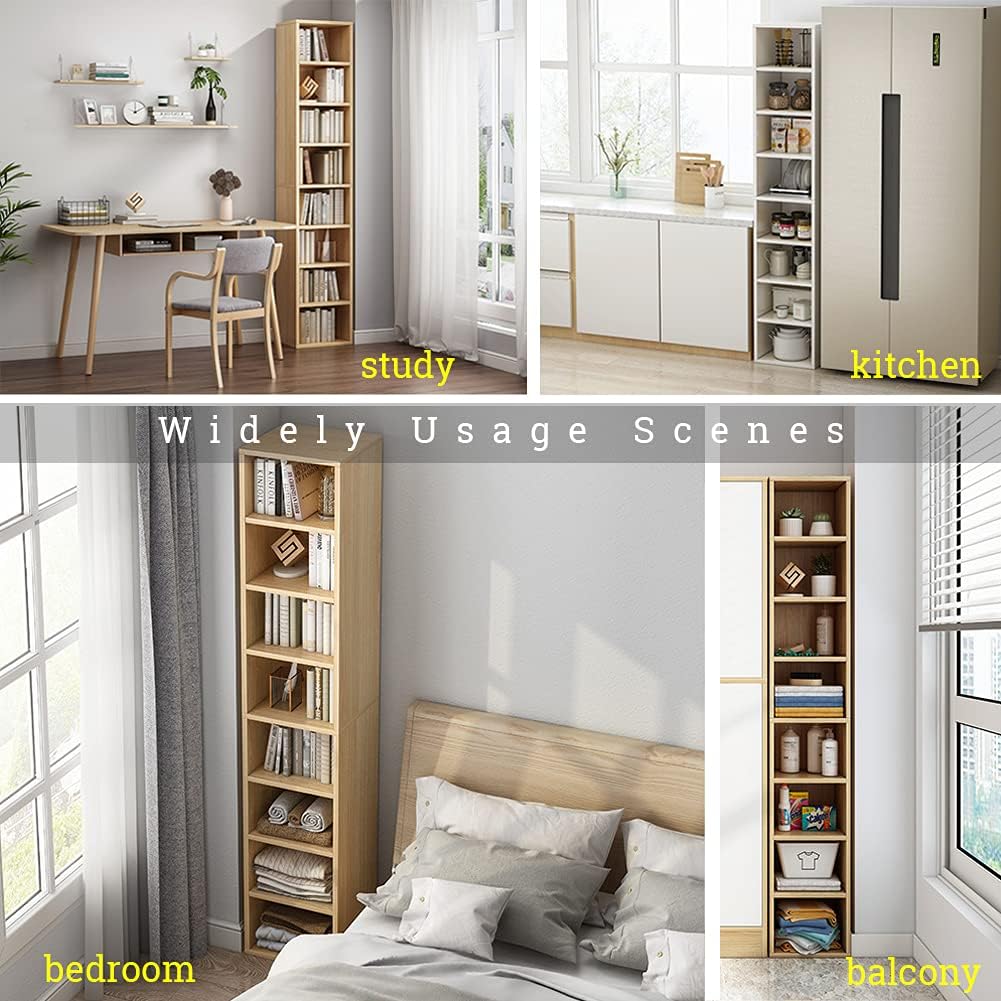 IOTXY Small Narrow Corner Bookcase - 59 Inches Tall Gap Freestanding Storage Cabinet, 6 Lattices Open Shelves Tower Rack with Door, Cubes Bookshelf in Oak