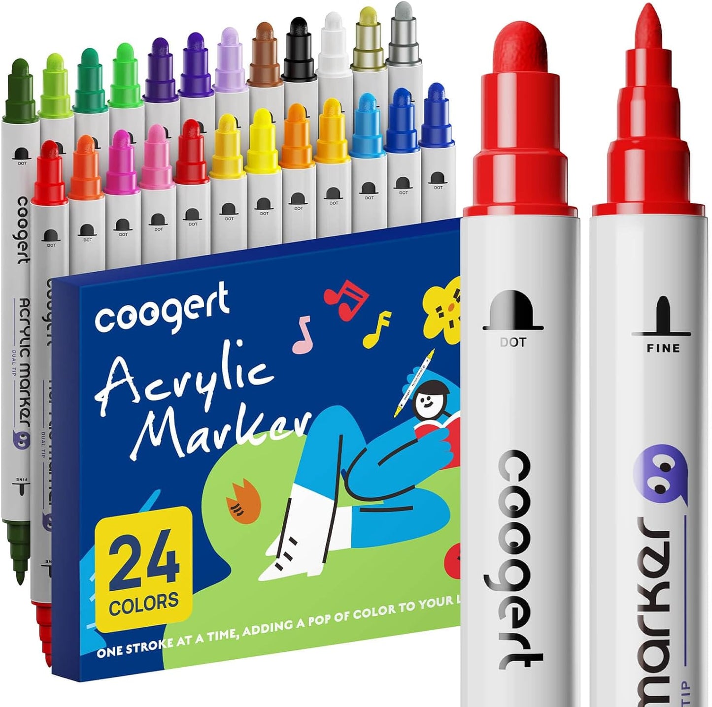 24 Dual Tip Acrylic Paint Markers, Fine Tip and Dot Tip Acrylic Paint Pens For Rock Painting, Canvas, Wood, Glass, Ceramic, Fabric, Plastic, Egg, Art Painting Supplies Kit