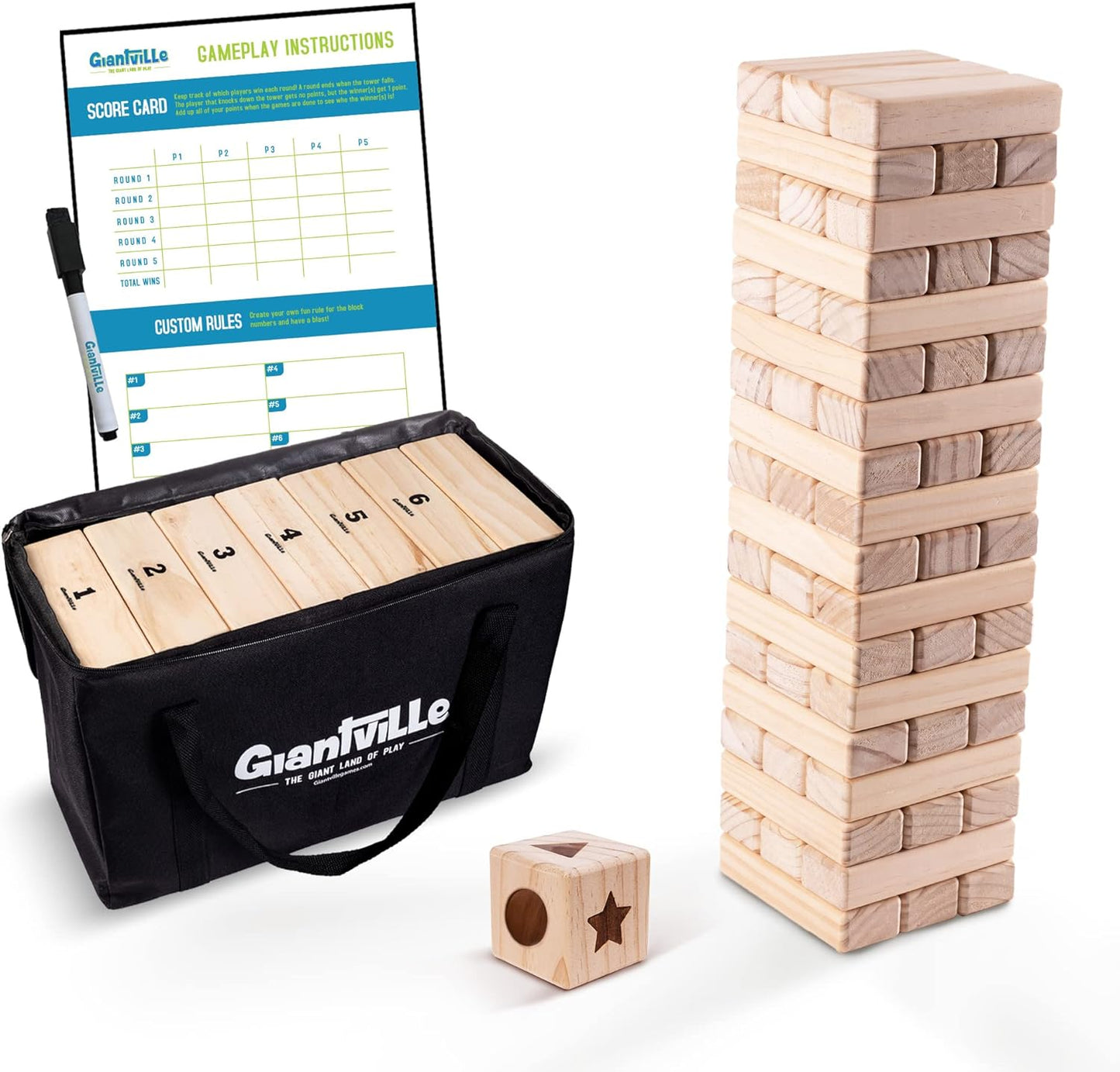 Giantville Giant Tumbling Timber Toy - Premium Pine Wood Life-Size Blocks Tower - Big Floor/Board Indoor/Outdoor Yard Game for Kids & Adults - 54-Pieces + Dice + Carry Bag - Grows to Almost 3-Feet