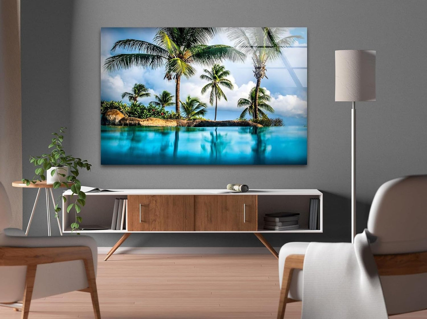 My Photostation.com 28Wx18H'' Island & Blue Sea Glass Wall ArtTempered Glass Printing Wall Decor Large Wall Art Wall Hangings