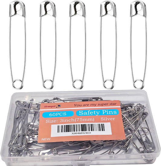60PCS-3Inch Large Silver Safety Pins, Rust-Resistant Nickel Plated Steel, Sharp Edge, Multi-Use