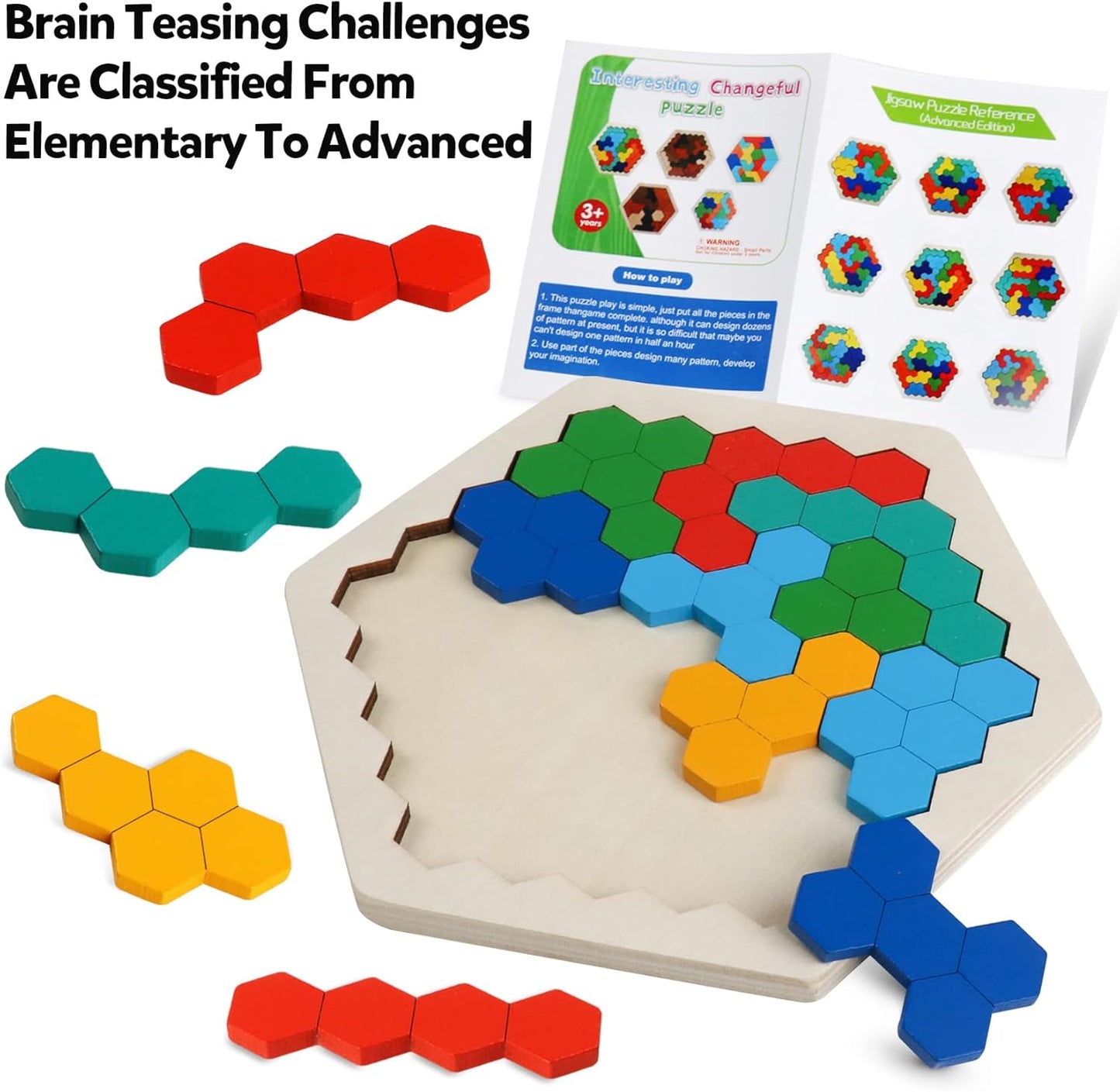 Skrtuan Wooden Blocks Puzzle for Kid Adults Brain Teaser Hexagon Puzzles Games Toy Shape Pattern Block Tangram Geometry Logic IQ STEM Montessori Educational Gift for Kids Boys Girls Challenge