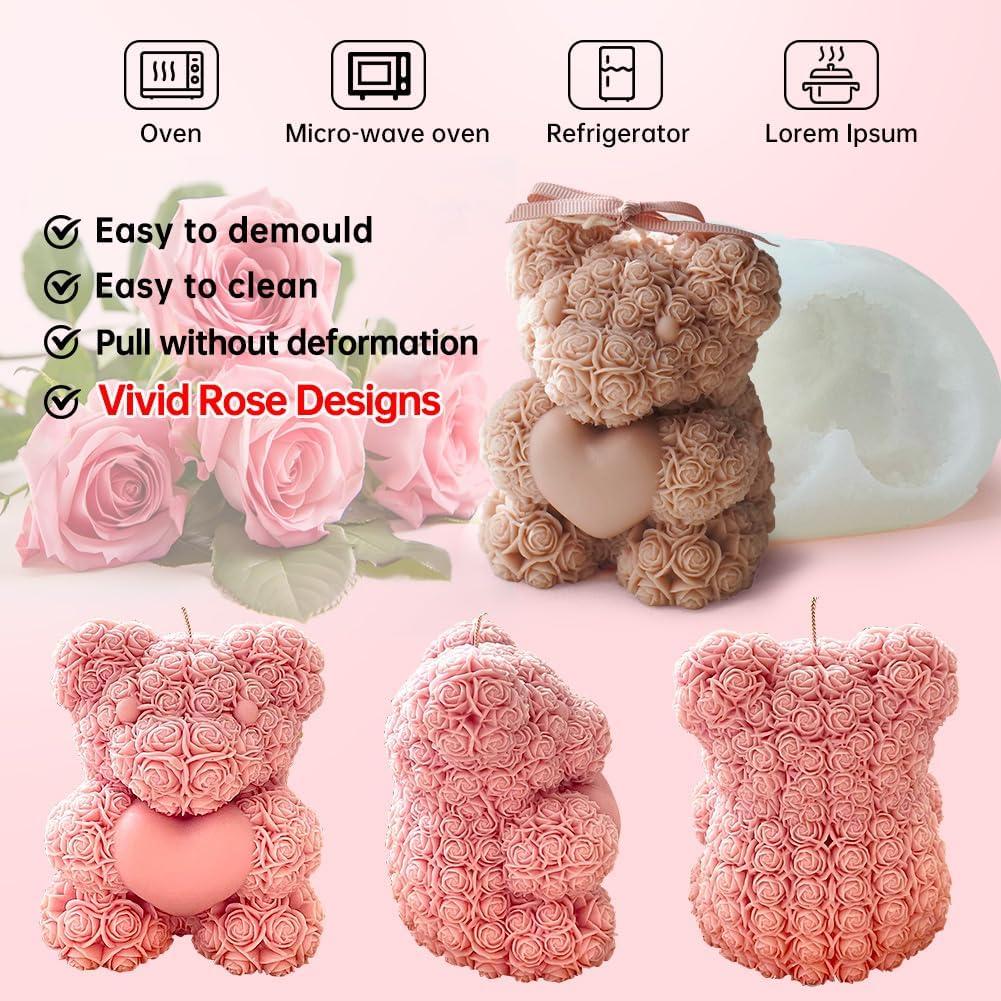 Rose Bear Silicone Mold - 3D Teddy Bear Candle Making Molds, Cute Epoxy Resin Molds for DIY Handmade Soaps, Mother's Day Gifts, Father's Day Gifts, Birthday Gifts (Extra Large)