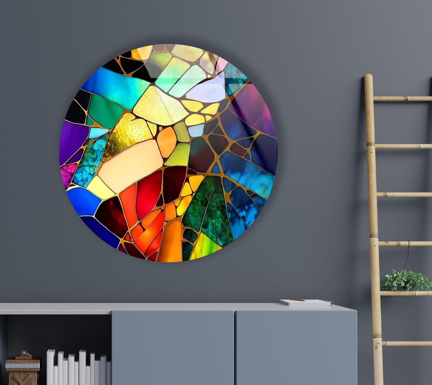 My Photostation.com 27.5''(70cm) Diameter Multicolor Round Stained Glass Wall Art Vibrant Mosaic Abstract Panel Tempered Glass Printing Wall Decor Large Wall Art Wall Hangings