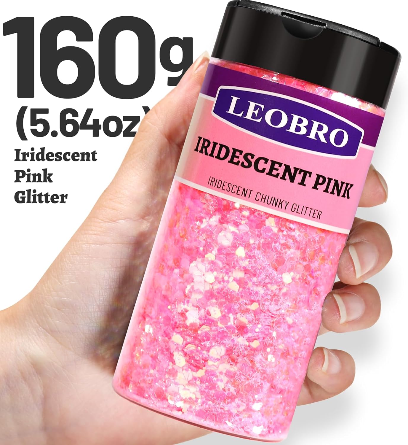 LEOBRO Pink Glitter, 160g/5.64oz Pink Chunky Glitter for Crafts, Resin, Body Nail, DIY Decorations, Iridescent Pink