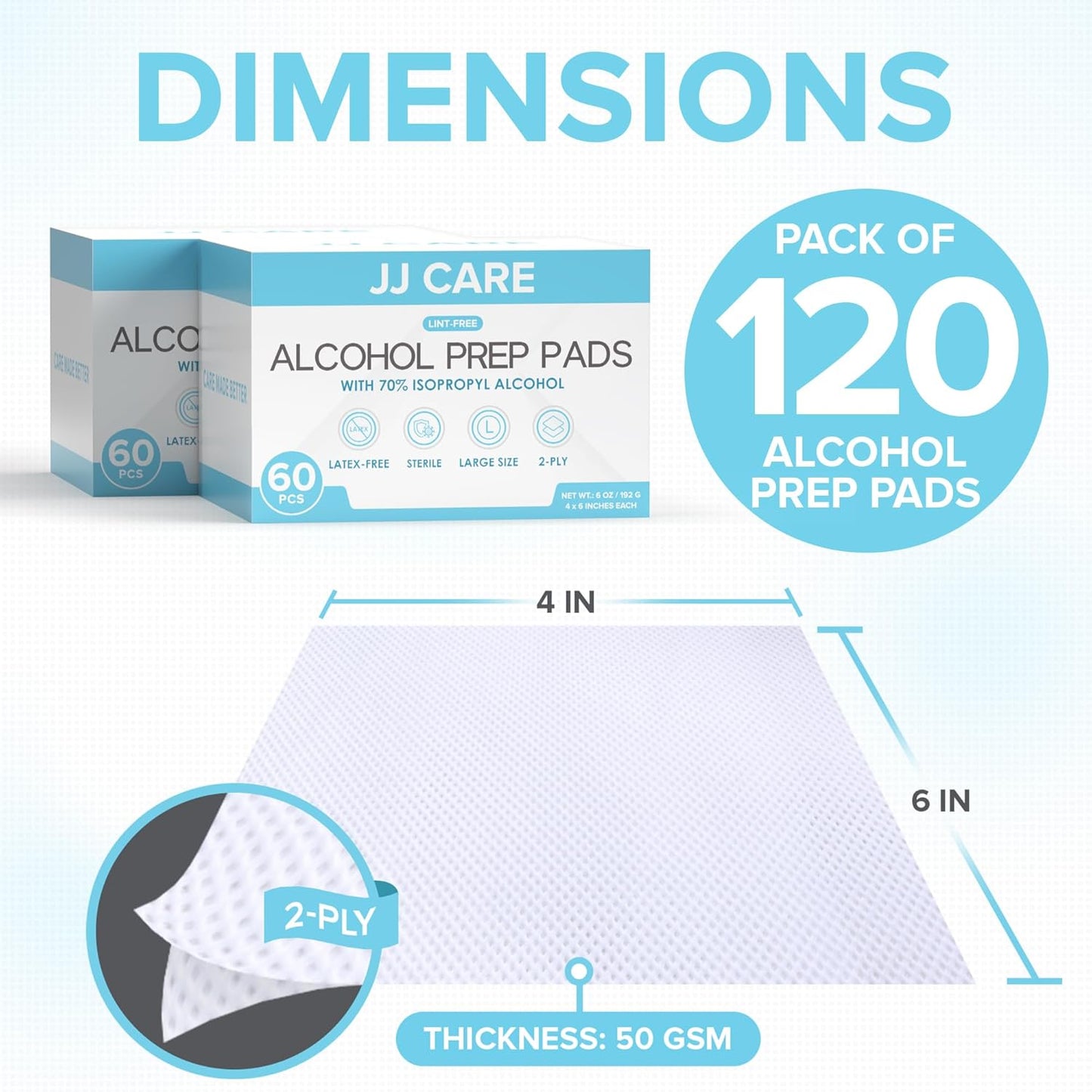 JJ CARE Large Alcohol Prep Pads [Pack of 120], 4 x 6" Sterile Prep Pads Individually Wrapped, 70% Isopropyl Alcohol Wipes, 2 Ply First Aid Swabs, Perfect for Medical, First Aid Kit & Home