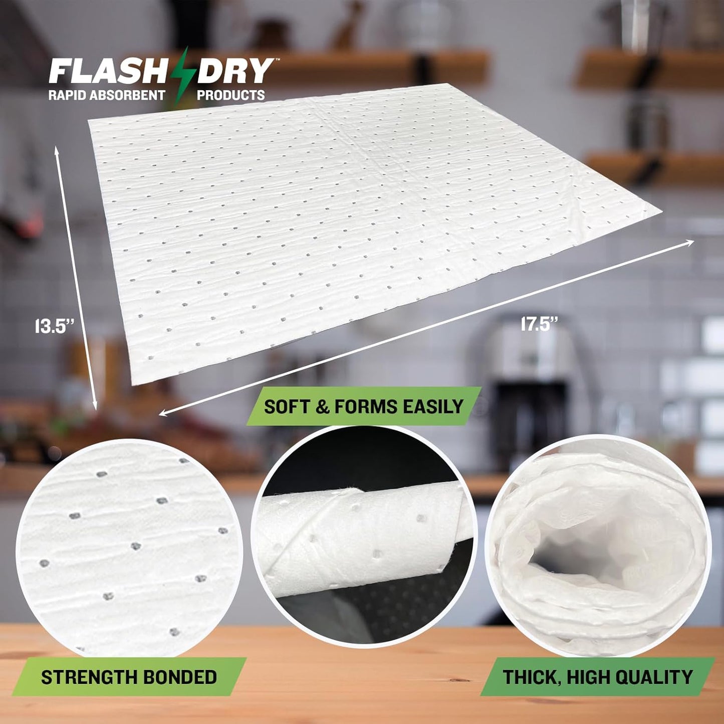 FlashDry Oil Absorbent Pads – High Absorbency of Oil-Based Liquids, Water-Repellent, Tear-Resistant, Premium Mats, Ideal for Garage, Driveway, Automotive, Marine Use, 17.5” x 13.5”, 200 Pads in Total