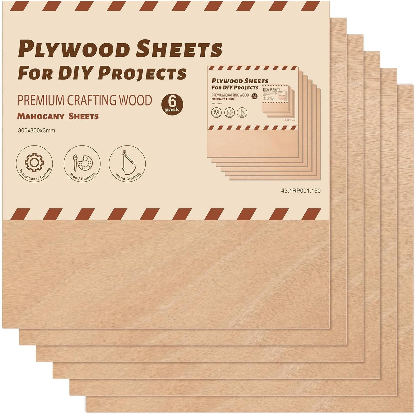ROBOTIME 6-Pack Laser Wood Sheets 1/8" - 12 x 12 x 1/8 Inch - Mahogany - 3mm Plywood for Laser Cutting, Laser Engraving Blanks