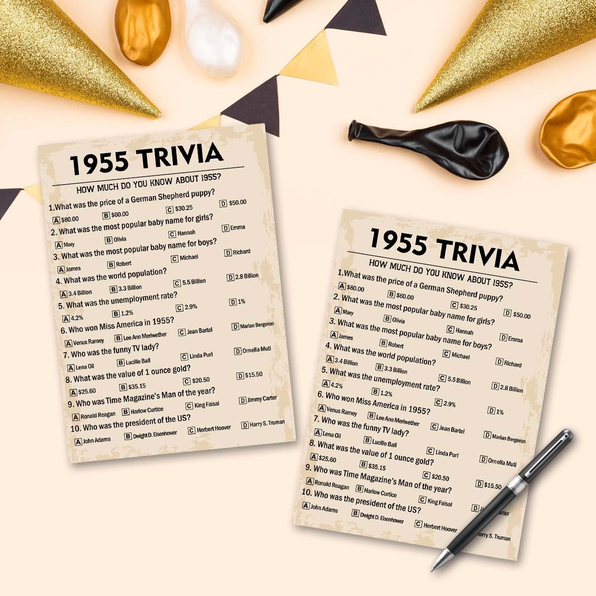 QUPT 70th Birthday Party Games, 1955 Trivia Games, Birthday Party Supplies for Adults, Fun 1955s Party Game, Pack of 30 Cards